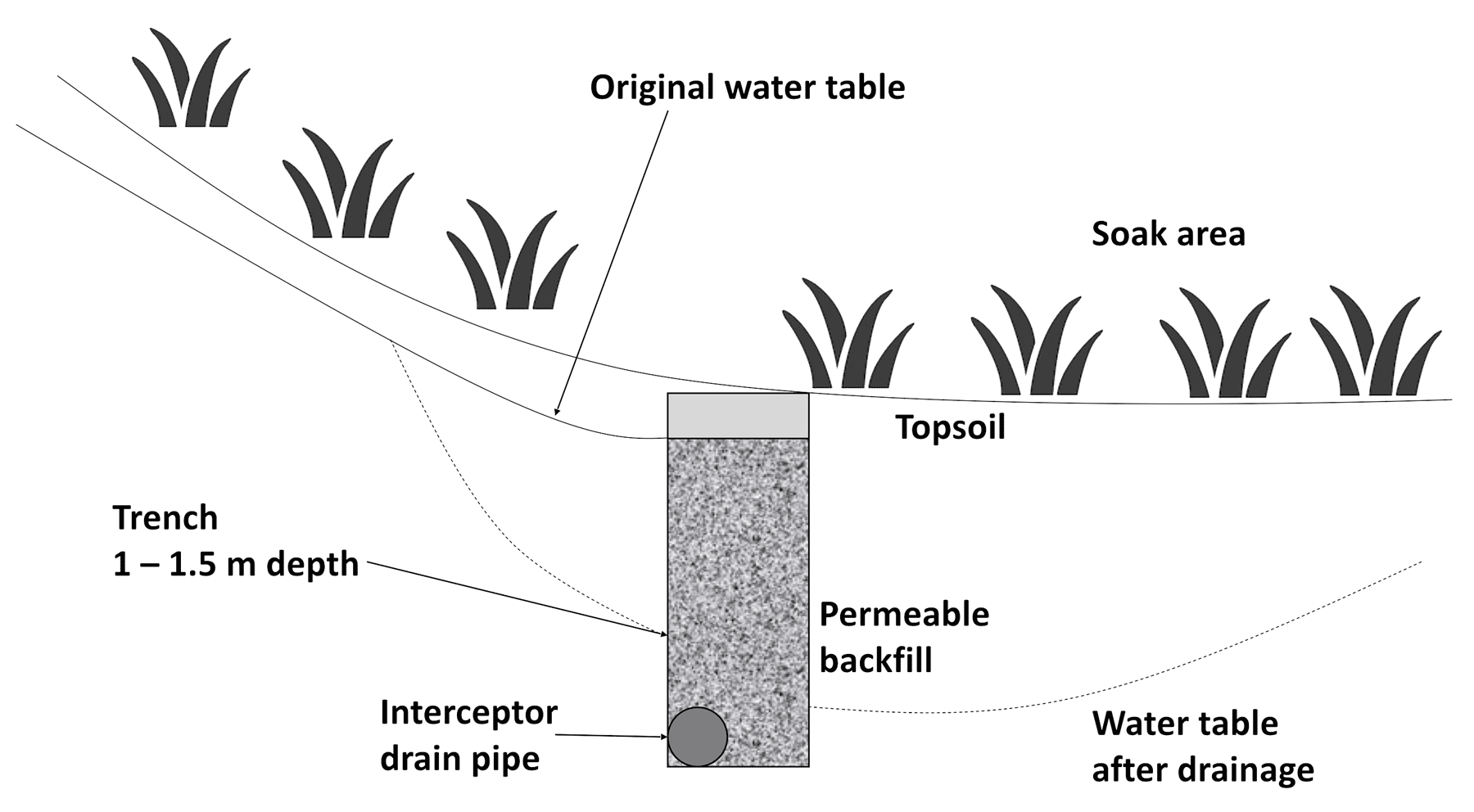 Cross section of an undulating area with a soak at the bottom. Mole drain trench with interceptor drain pipe shown. The mole drain trench should be between 1 and 1.5 m deep. Also shown is the original water table and the lowered water table after mole drain installation.