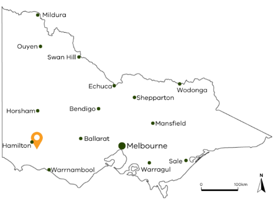 Map showing location of Banemore near Hamilton in southwestern Victoria.