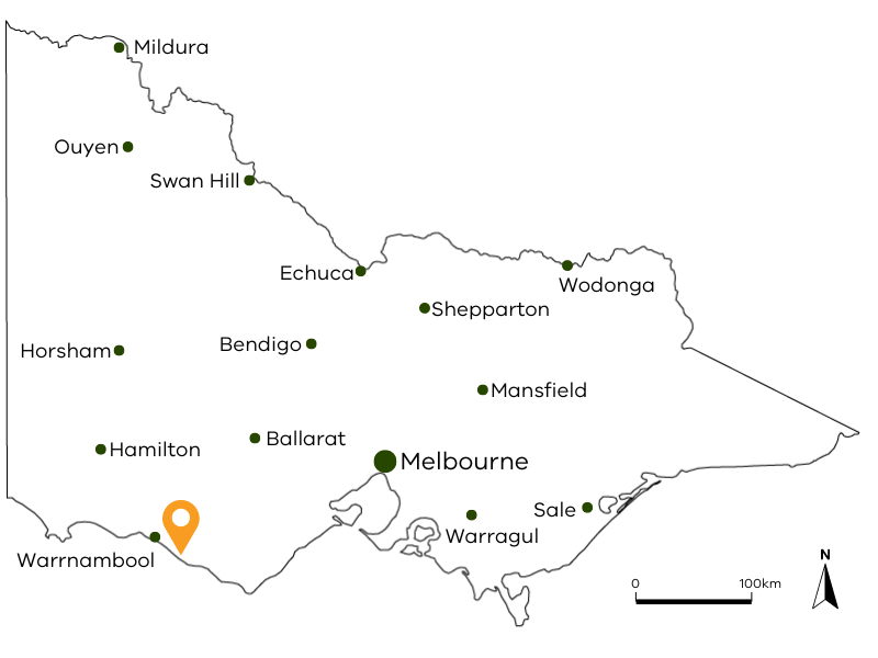 Map of Victoria showing the location of Ocean Road Pastoral.