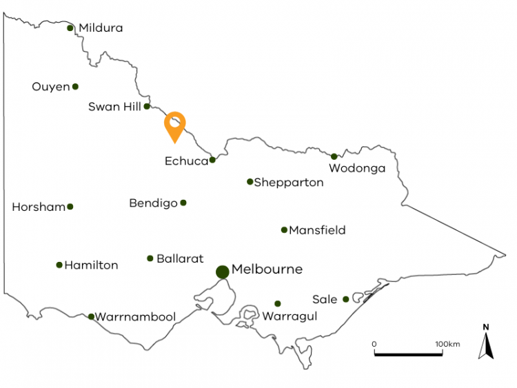 Location of the farm in Victoria. A map showing the location of the farm in north central Victoria.