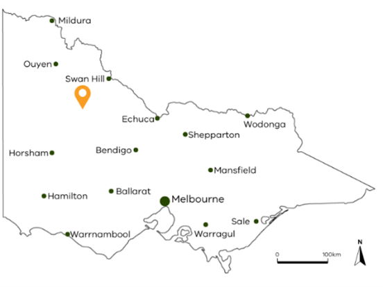 Map of Victoria showing the location of Windarra farm.