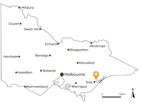 Map showing the location of the farm in east Gipssland, near Sale