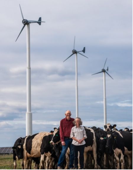 Wilco and Sandra and some of their milking cows in front of wind turbines that contribute to the renewable energy generation on-farm