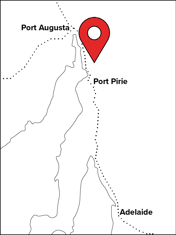 Section of South Australian map highlighting the location of Upper North between Port Pirie and Port Augusta, north of Adelaide