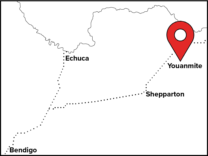 Section of Victorian map highlighting Youanmite north east of Shepparton in the State's north