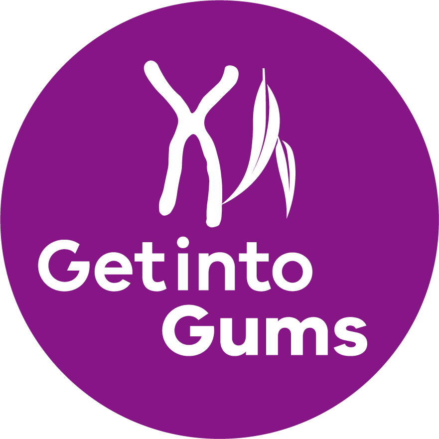 Image shows gum leaf crossed with X symbol to represent DNA