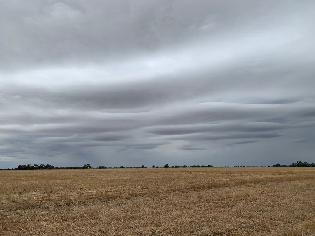 grey stormy sky with harvested pasture in foreground