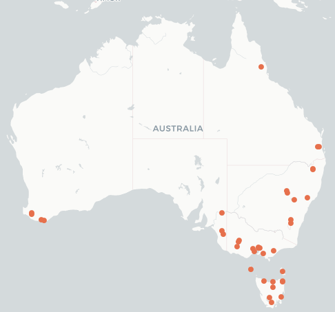 Map of Australia showing the distribution of A fimetarius along the east coast and into southern south Australia, Tasmania and southern WA