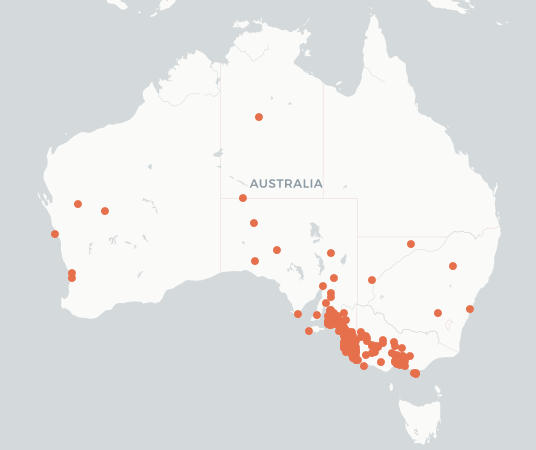 Map of Australia showing mniszechi distribution in southern Vic and SE South Australia