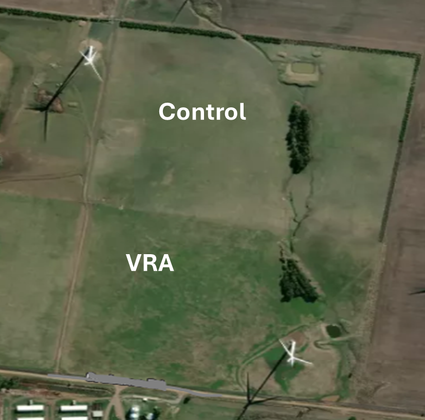 Aerial photo of two paddocks. Control in 19.7 ha and VRA is 17.7 ha