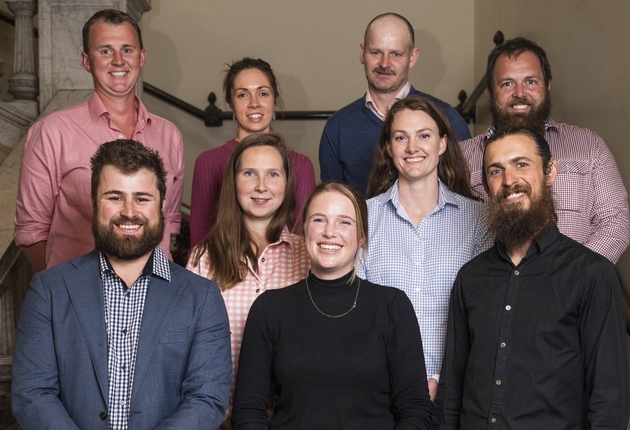 Image shows the 2023 Young Farmers Advisory Council. In the front row, left to right are Clay Gowers, Amabel Grinter, Joshua Williams, in the middle, left to right, are Millie Enbom-Goad, Dee Commins and in the back, left to right, are Charlie Barnes, Orianna Edmonds, Nick Blandford and Thomas Giltrap. Absent is Amy Cosby.
