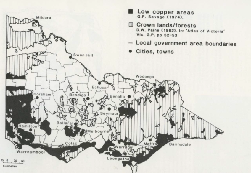 Figure 7. Areas where copper deficiency in pasture and livestock has been identified in Victoria, based on data published by Savage (1974). Map of Victoria showing copper deficiency across the state in 1974.