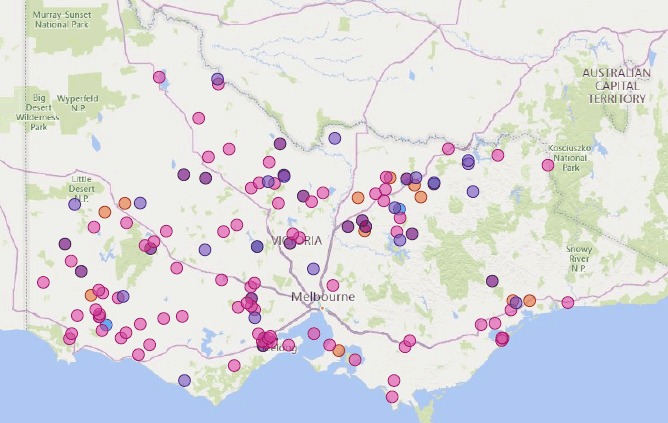 Map of Victoria showing where disease investigations took place.