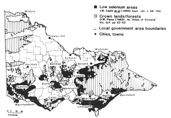 Figure 2. Map of Victorian showing marginal selenium areas based on original data by Caple et. al.(1980). Within the black shaded areas sheep may have blood glutathione peroxidase activities less than 50 units, cattle less than 40 units (from Hosking et al. 1986). Image of a map of Victorian showing marginal selenium areas based on original data by Caple et. al.(1980). Within the black shaded areas sheep may have blood glutathione peroxidase activities less than 50 units, cattle less than 40 units (from Hosking et al. 1986).