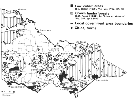 Figure 3. Areas where cobalt deficiency has been detected in livestock in Victoria based on original data by Halpin (1979). (from Hosking et al. 1986). Image of areas where cobalt deficiency has been detected in livestock in Victoria based on original data by Halpin (1979). (from Hosking et al. 1986).