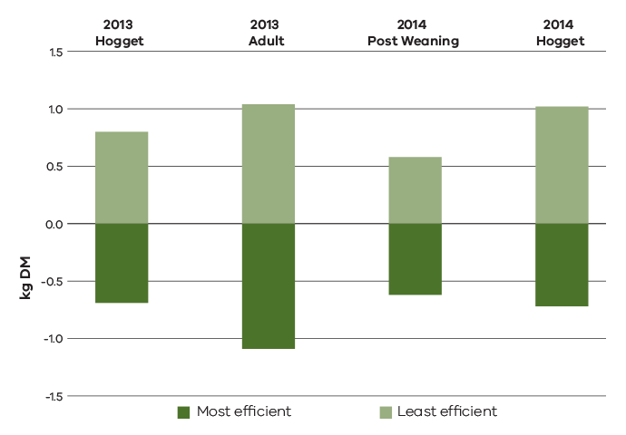 Chart showing range in residual feed intake for 2013 hogget of approximately -0.6 to 0.8 kg DM, 2013 adult of approximately 1kg DM to -1kg DM, 2014 post weaning of approximately -0.6 to 0.6kg DM and 2014 hogget of approximately -0.75 to 1kg DM 